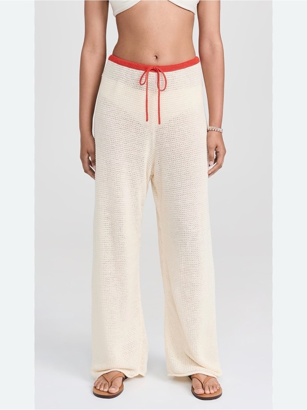 Onia linen Cream Wide-Leg Knit Pants with Coral Waistband